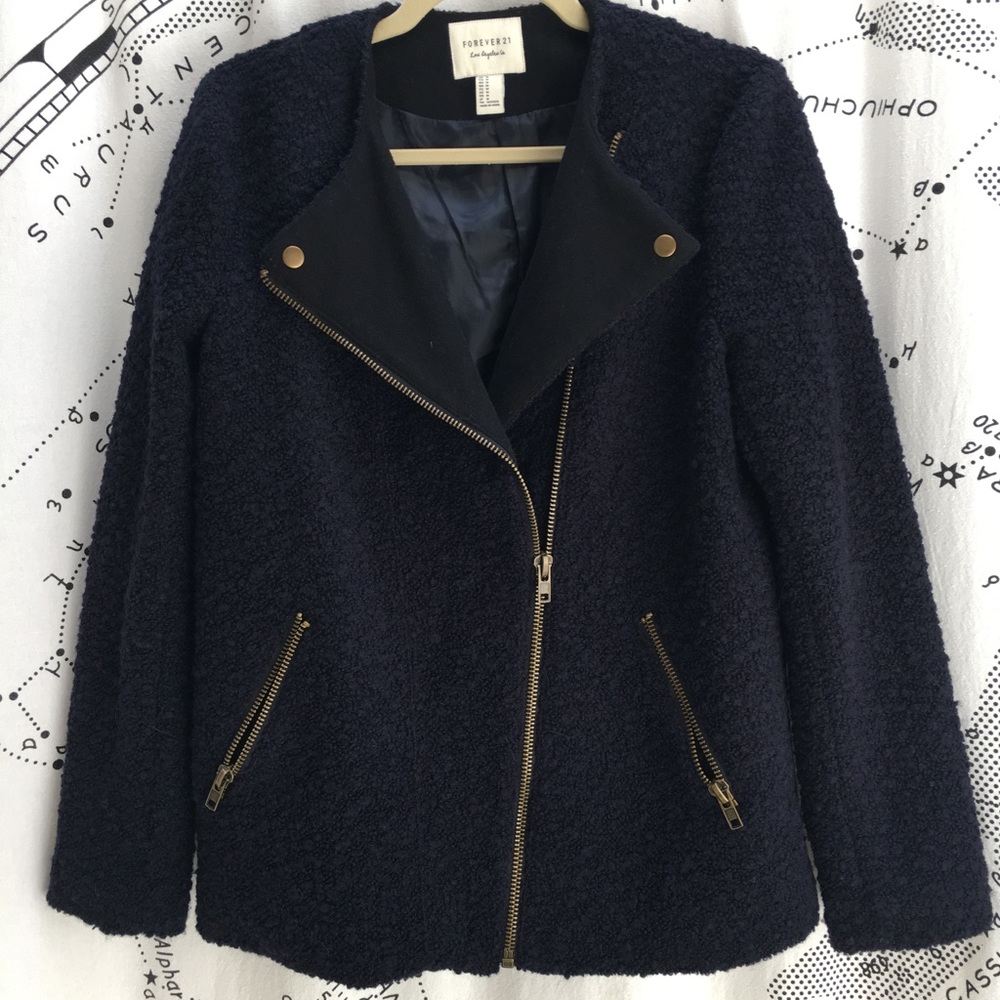 Forever 21 dark blue boucle moto jacket size medium